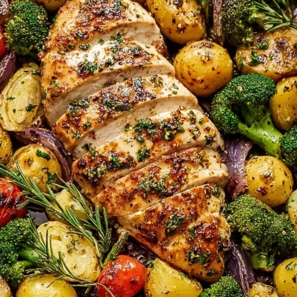 Sheet pan Garlic Butter Chicken with colorful roasted veggies