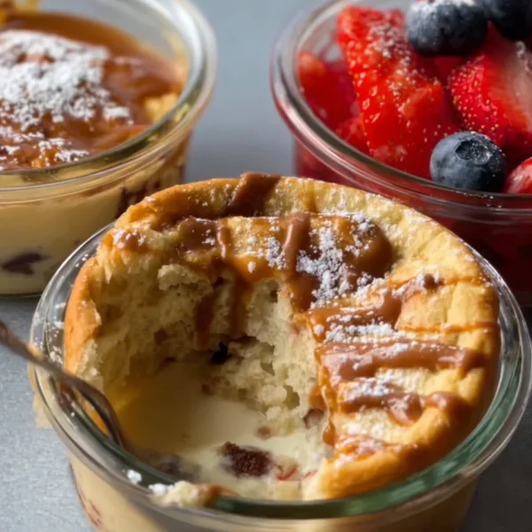 Fluffy baked protein pancake bowls topped with fruits and syrup