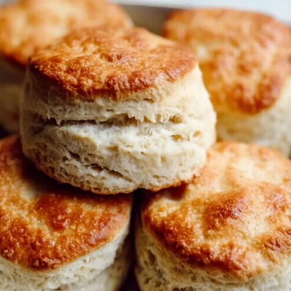 Freshly baked sourdough discard biscuits on a wooden table