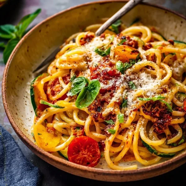 A colorful bowl of spring pasta with fresh vegetables and herbs