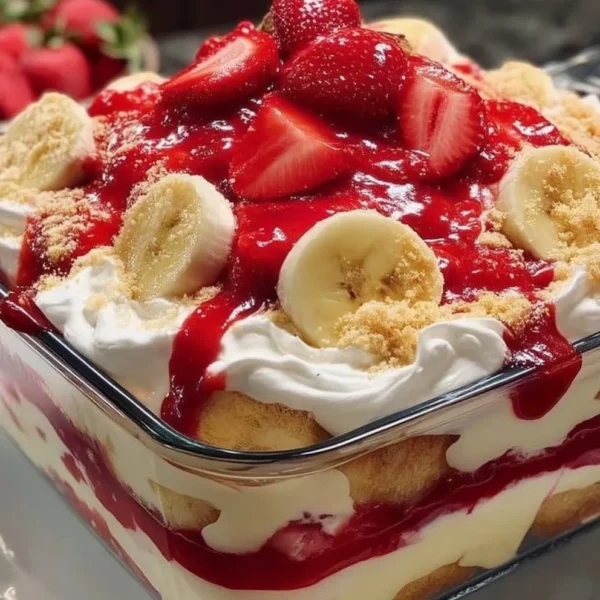 Delicious strawberry banana pudding served in a glass dish with fresh fruit on top