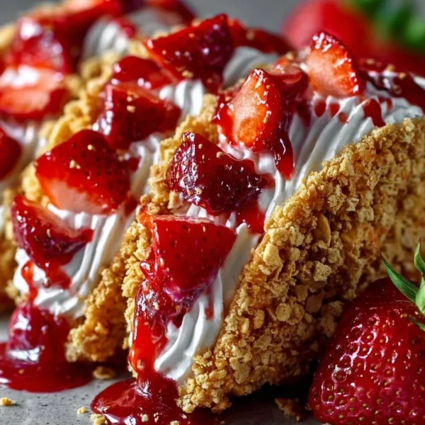 Strawberry crunch cheesecake tacos topped with fresh strawberries and crunchy bits.