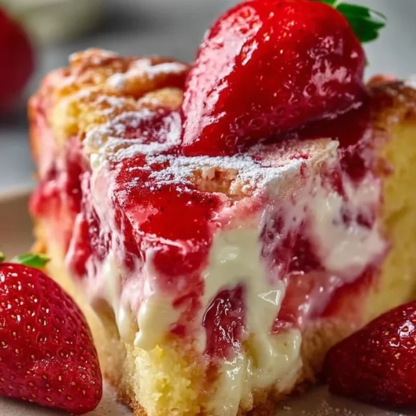 Slice of Strawberry Earthquake Cake topped with strawberries and cream