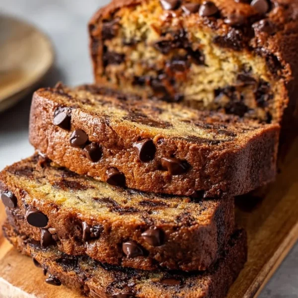 Slice of super moist chocolate chip banana bread on a wooden board