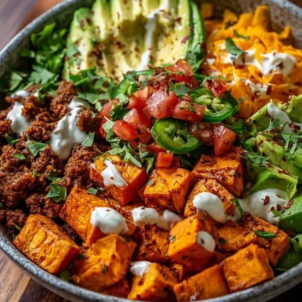 Colorful sweet potato taco bowl with toppings and garnishes