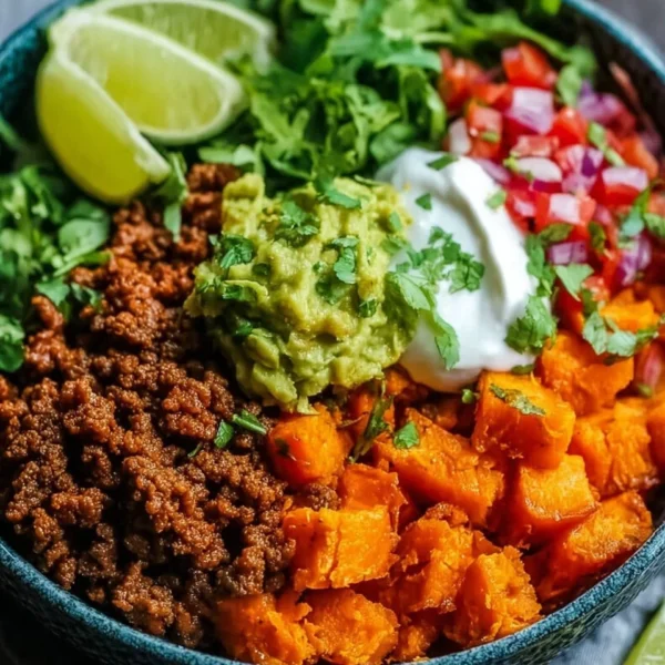 Colorful sweet potato taco bowl filled with fresh ingredients and toppings.