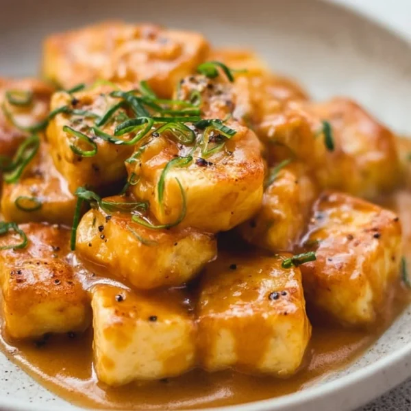 Delicious Vegan Marry Me Tofu served on a plate with colorful veggies