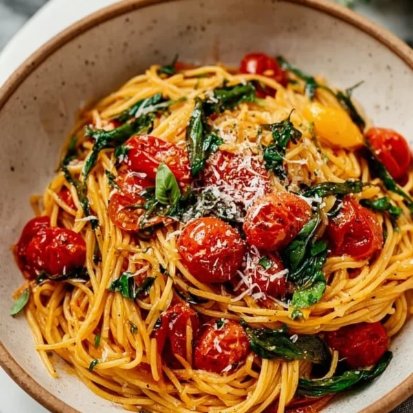 Bowl of Vegan Tomato Basil Pasta garnished with fresh basil