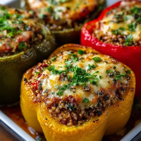 Vegetarian stuffed bell peppers filled with rice, beans, and spices.