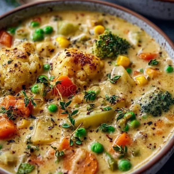 Bowl of Veggie Pot Pie Soup, a healthy and hearty meal without the crust.