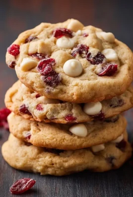 Delicious white chocolate cranberry cookies on a wooden table