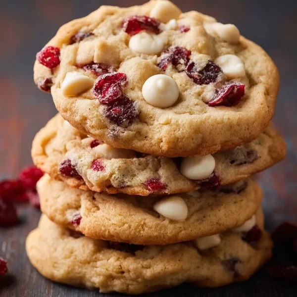 Delicious white chocolate cranberry cookies on a wooden table