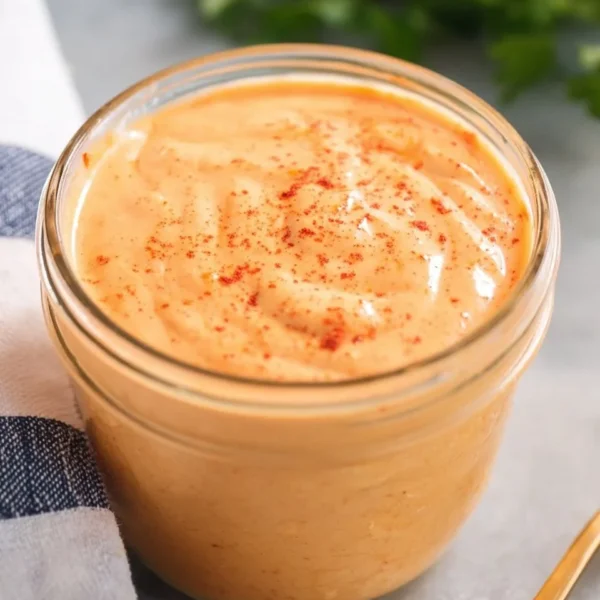 Bottle of Yum-Yum Sauce with a delicious dip and fresh vegetables