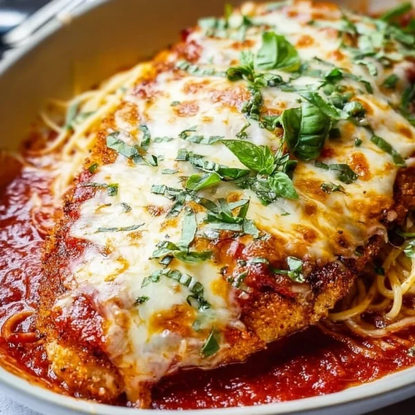 Delicious baked chicken parmesan topped with melted cheese and marinara sauce