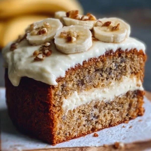 Delicious banana bread cake with cream cheese frosting served on a plate