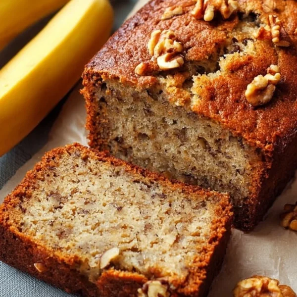 Delicious slice of homemade Banana Nut Bread topped with walnuts and bananas.