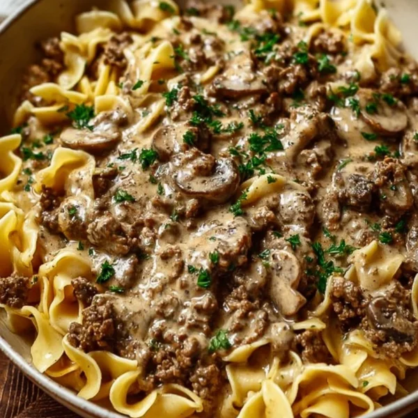 Delicious Beef Stroganoff with Ground Beef served on a plate with noodles.