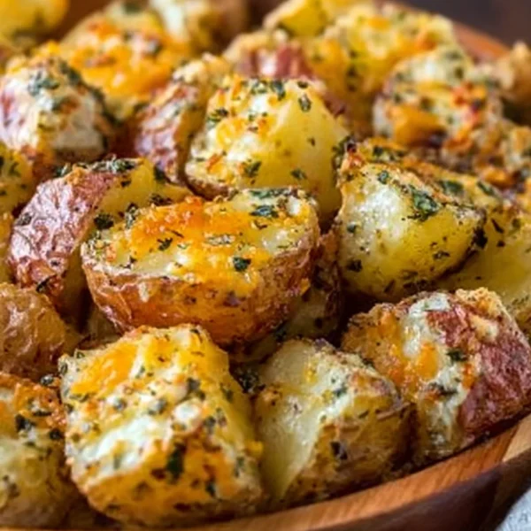 Cheesy ranch oven roasted potatoes served on a plate