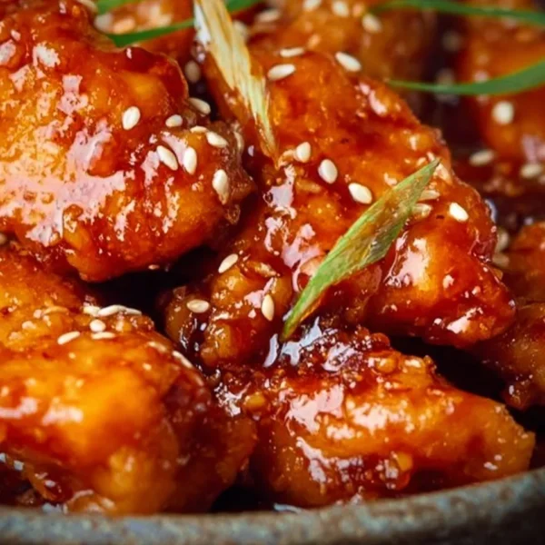 Delicious plate of Chinese Honey Garlic Chicken garnished with fresh vegetables