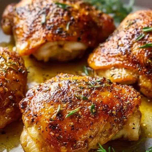 Plate of crispy and juicy baked chicken thighs served with vegetables