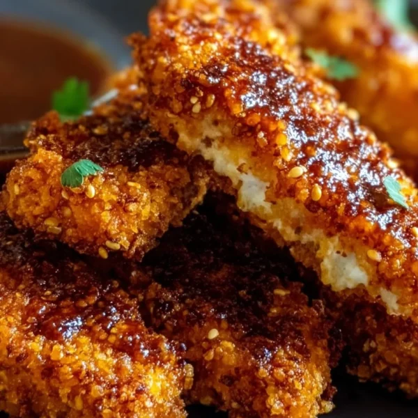 Crispy baked honey mustard tofu tenders on a serving plate