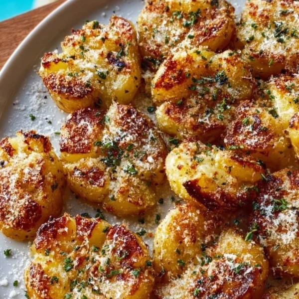 Crispy garlic butter parmesan smashed potatoes served on a plate