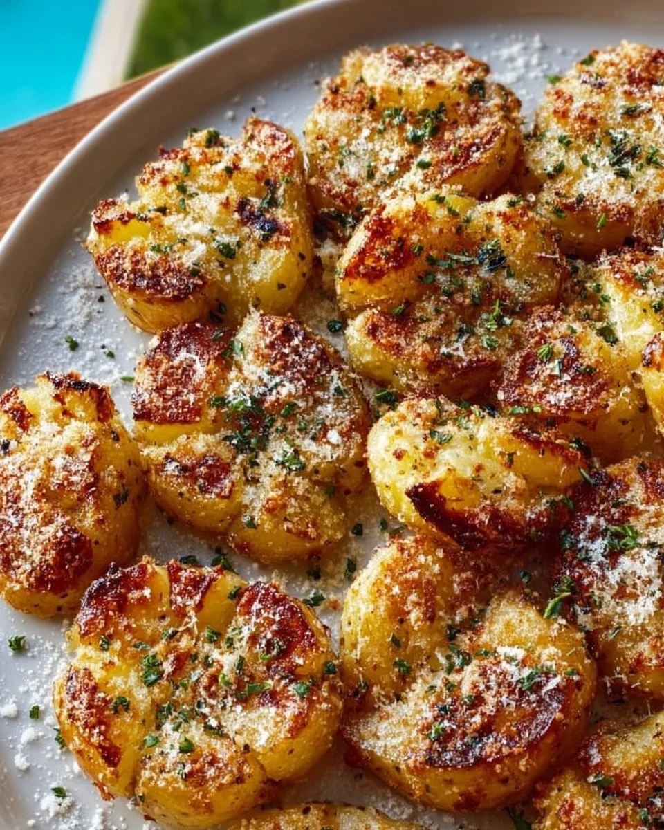Crispy Garlic Butter Parmesan Smashed Potatoes