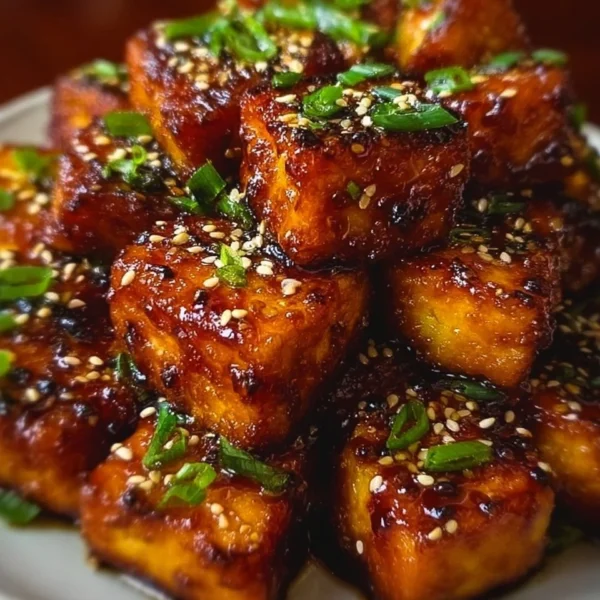 Crispy honey garlic tofu served with vegetables and sauce