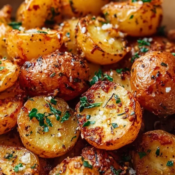 Plate of crispy mini potatoes garnished with herbs