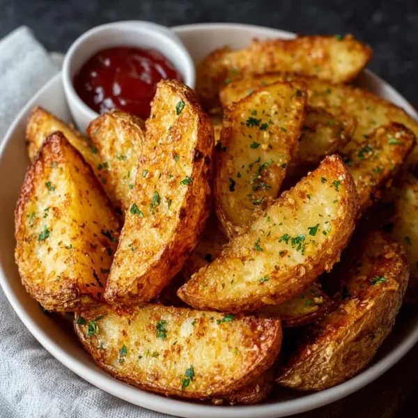 Crispy potato wedges served with dipping sauce