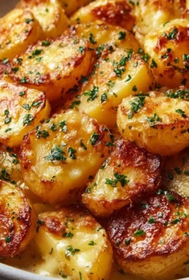 Plate of creamy Delmonico Potatoes garnished with herbs