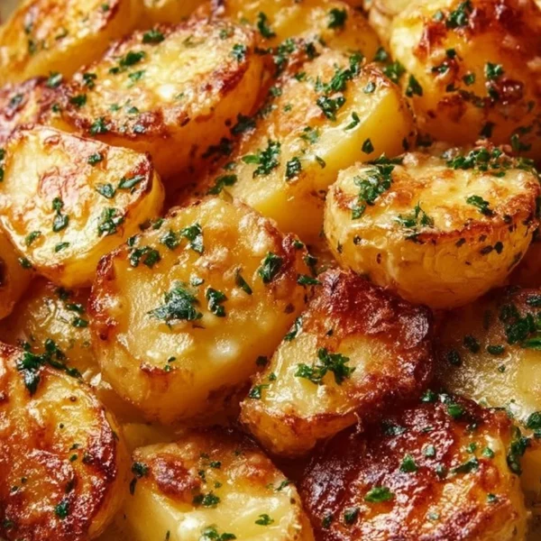 Plate of creamy Delmonico Potatoes garnished with herbs