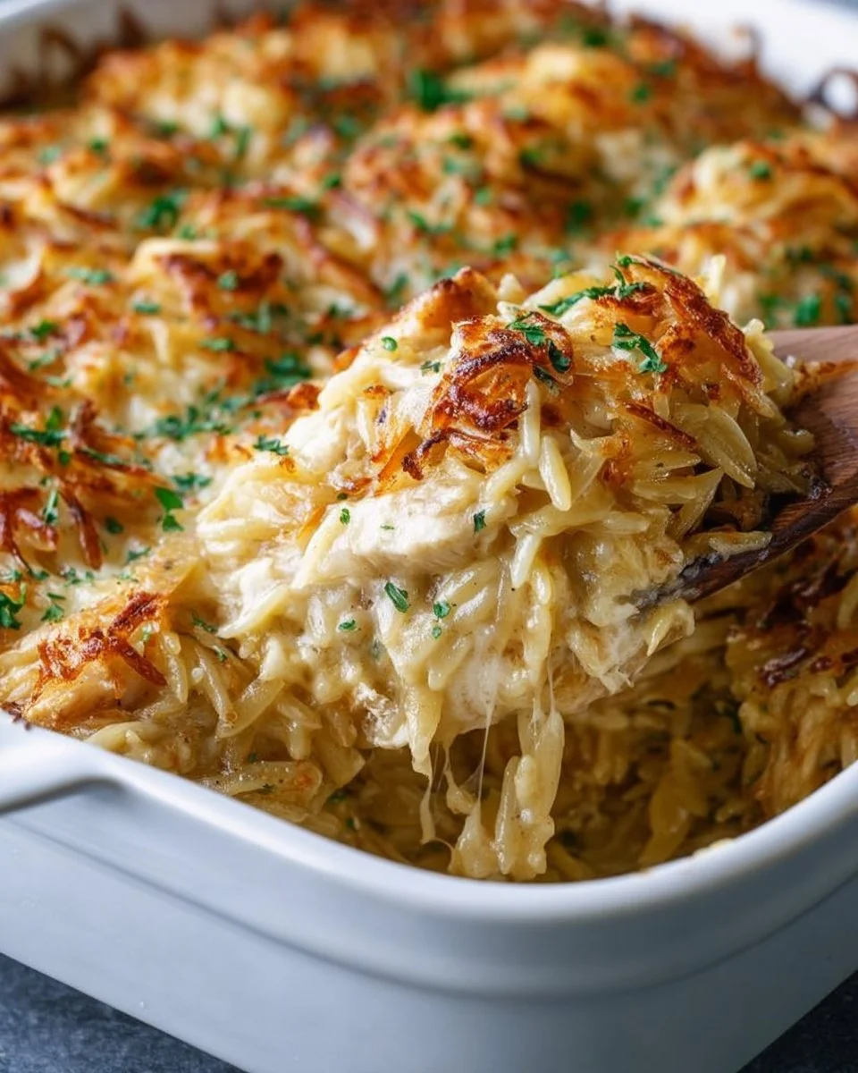French Onion Chicken Orzo Casserole