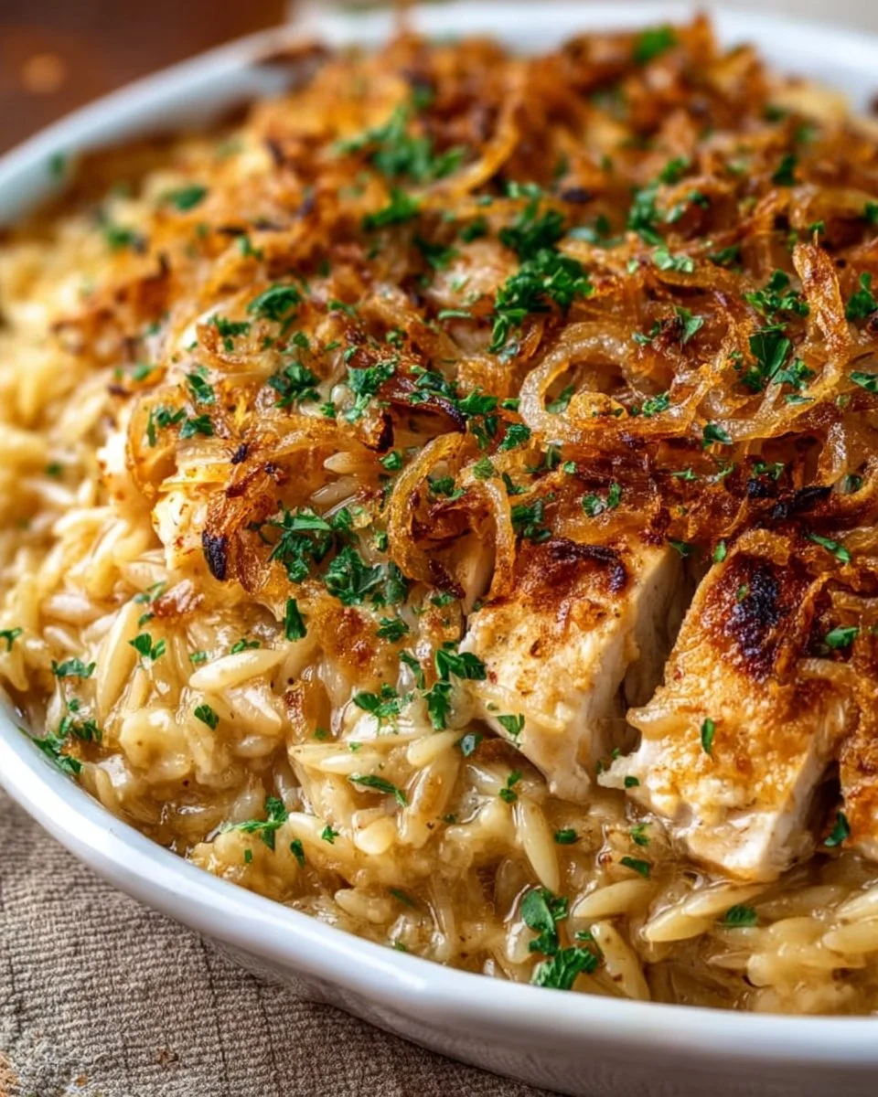 French Onion Chicken Orzo Casserole