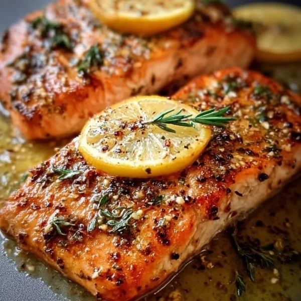 Delicious Garlic Butter Lemon Salmon served with fresh herbs and lemon slices.