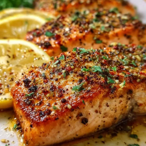 Deliciously prepared garlic lemon roasted salmon on a plate