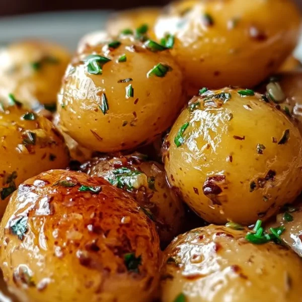 Garlic sauce drizzled over delicious baby potatoes