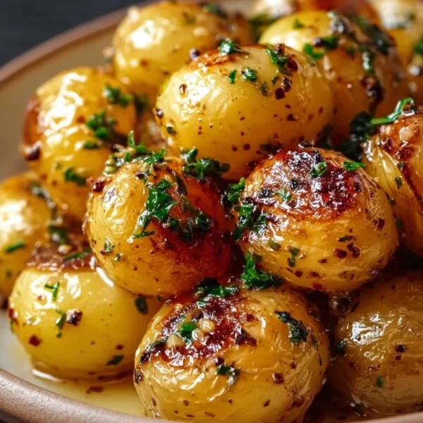 Delicious garlic sauce baby potatoes served on a plate