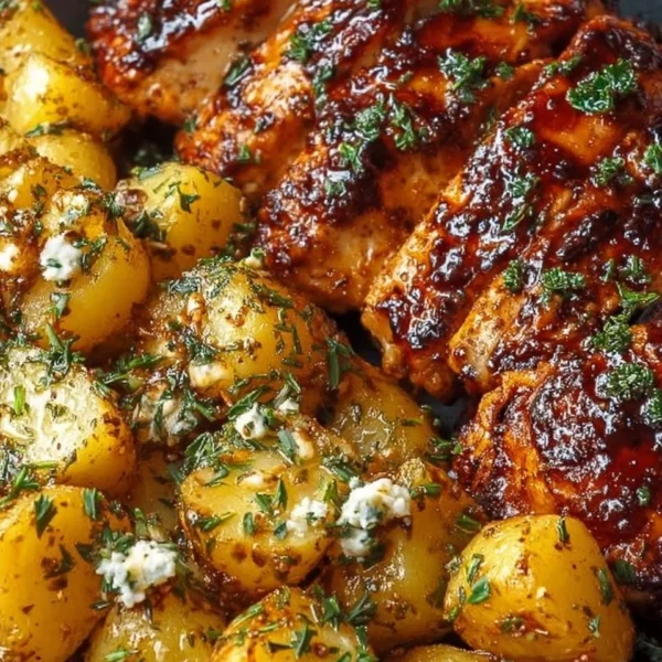 Honey BBQ Chicken served with Garlic Parmesan Potatoes for a tasty meal
