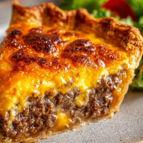 Delicious homemade cheeseburger pie topped with cheese and herbs