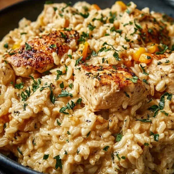 Creamy chicken and rice cooked in an Instant Pot, featuring tender chicken and savory rice.