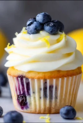 Lemon blueberry cupcakes topped with creamy frosting and fresh blueberries