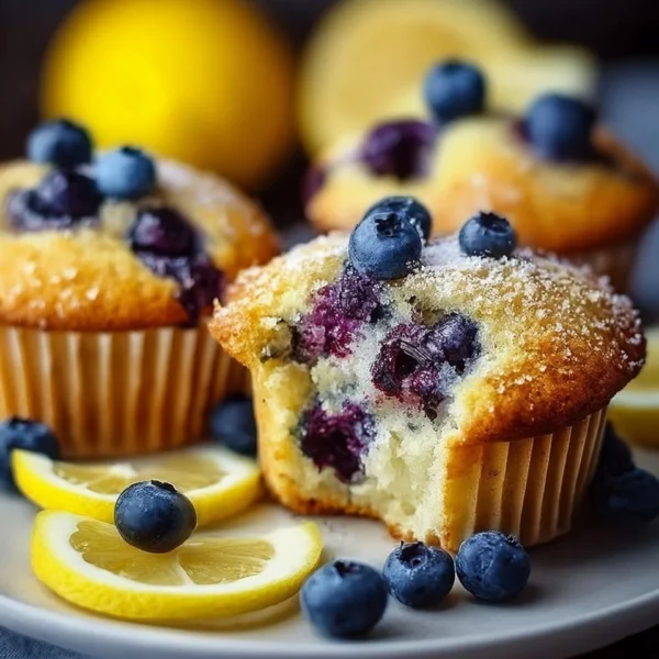 Freshly baked Lemon Blueberry Muffins with blueberries and lemon zest