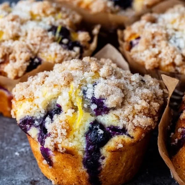 Lemon Blueberry Streusel Muffins topped with crumbles and fresh blueberries