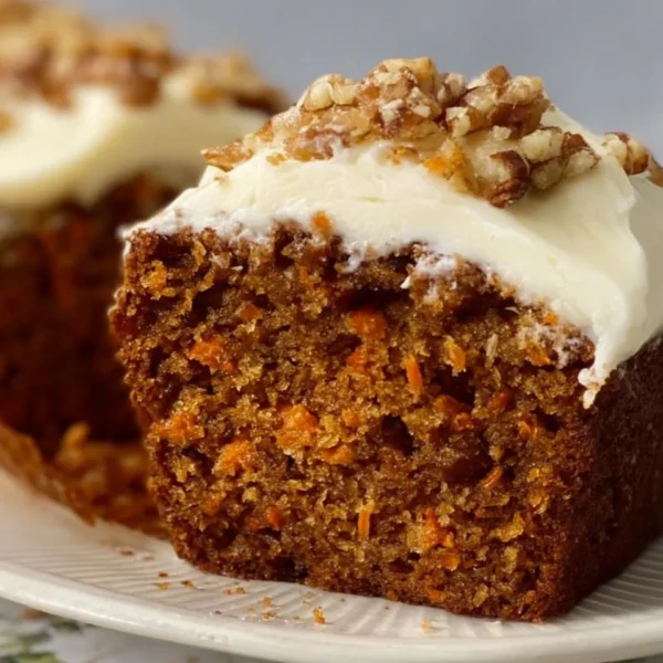Mini carrot cake loaves topped with cream cheese frosting and garnished with walnuts.