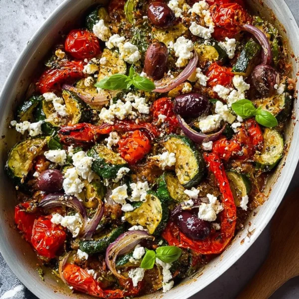 Colorful one-pan Greek vegetables ready to serve, showcasing fresh produce.