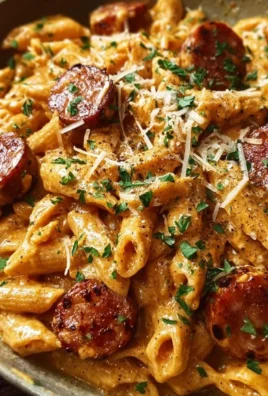 A delicious bowl of one-pot creamy spicy Cajun sausage pasta garnished with herbs.