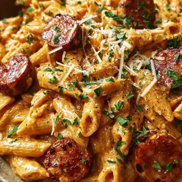 A delicious bowl of one-pot creamy spicy Cajun sausage pasta garnished with herbs.