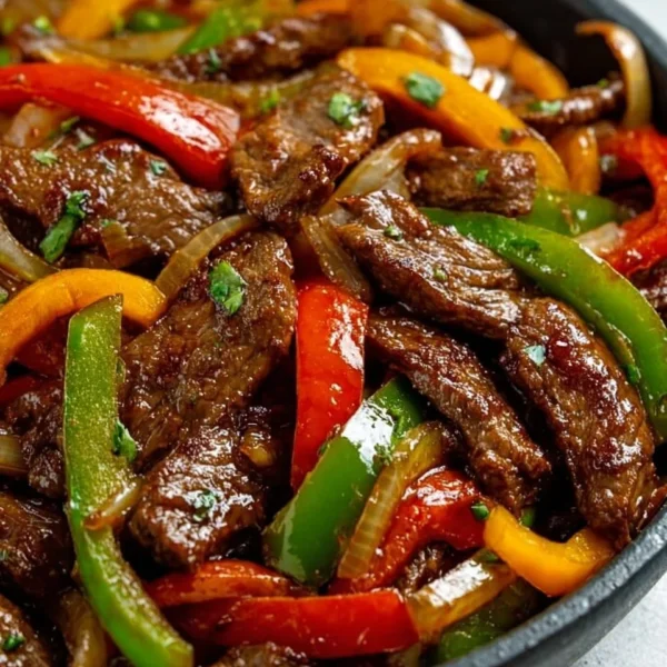A delicious plate of Pepper Steak with Bell Peppers and Onion, showcasing vibrant colors and textures.