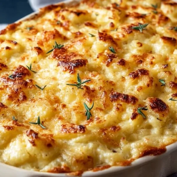 Delicious Steakhouse Potatoes Romanoff topped with cheese and herbs.